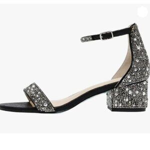 XYD Women Open Toe Studded Rhinestone Low Block Heel Sandal Wedding Black